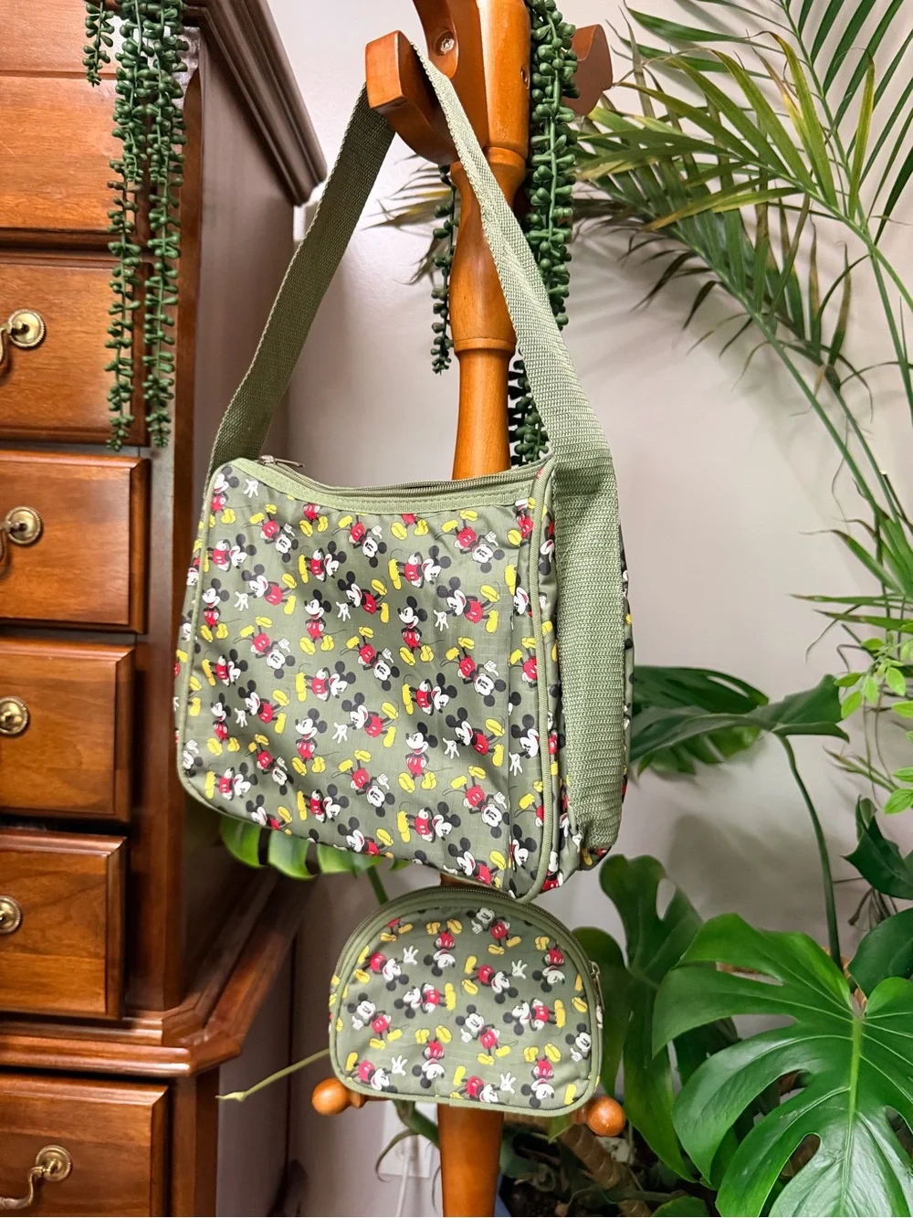 Vintage Disney Mickey Mouse Olive Green Nylon Shoulder Bag & Matching Pouch Set